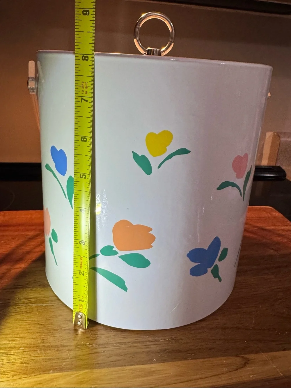 VTG CottageCore Floral Plastic Ice Bucket w/ Lid, Clear Handle, Round 8 in